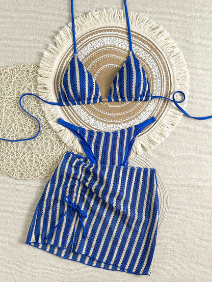 Swim SXY 3pcs Set:Blue Strip Summer Casual Beach Holiday Vacation Knit Jacquard Halter Neck Tie Metallic Pendant Bikini Top & Mini Skirt Cover Up