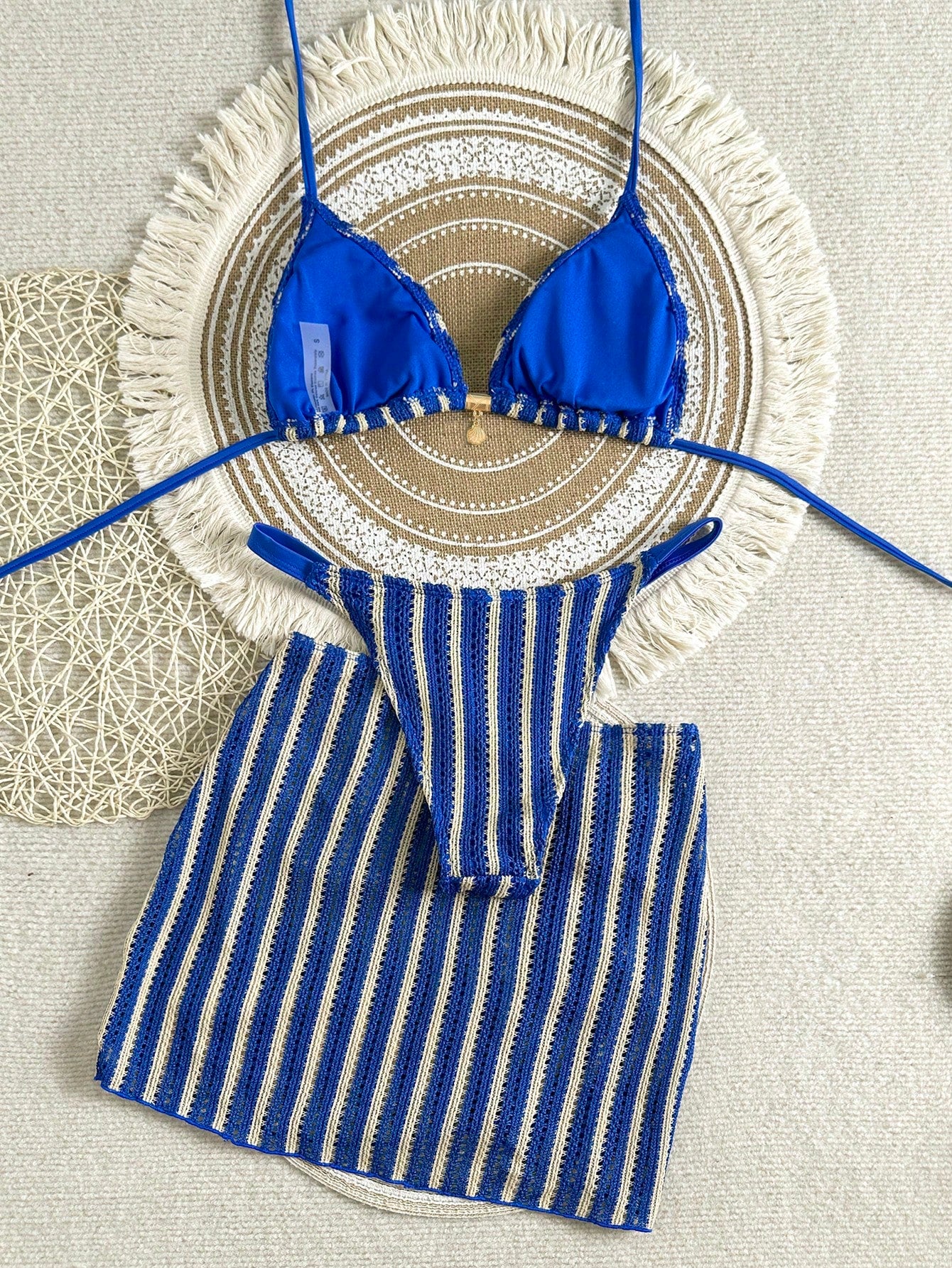 Swim SXY 3pcs Set:Blue Strip Summer Casual Beach Holiday Vacation Knit Jacquard Halter Neck Tie Metallic Pendant Bikini Top & Mini Skirt Cover Up
