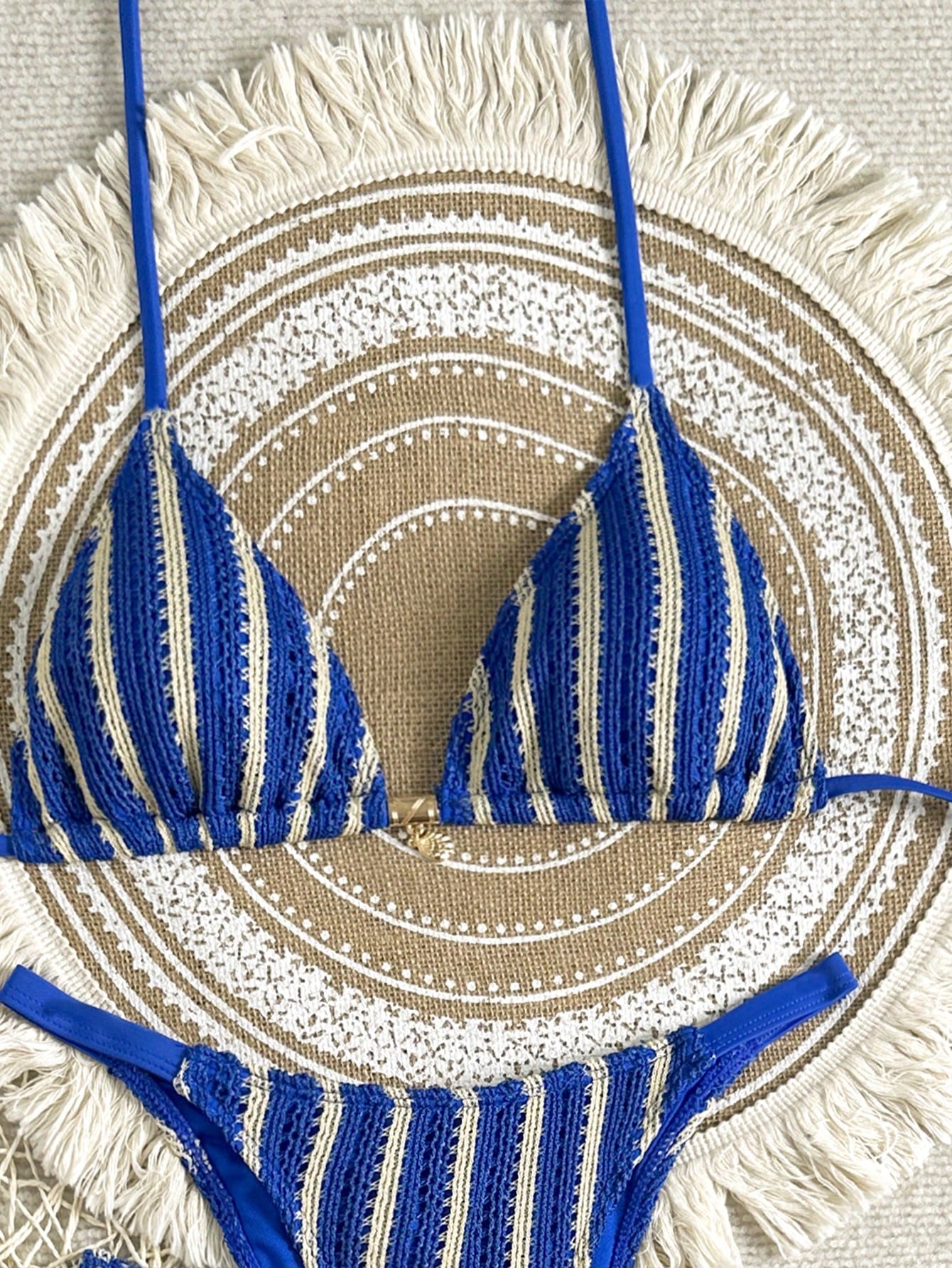 Swim SXY 3pcs Set:Blue Strip Summer Casual Beach Holiday Vacation Knit Jacquard Halter Neck Tie Metallic Pendant Bikini Top & Mini Skirt Cover Up