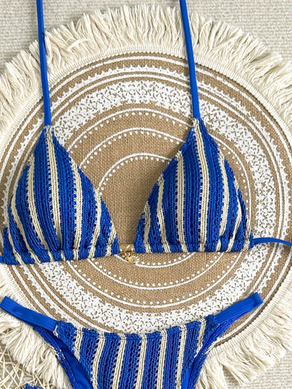 Swim SXY 3pcs Set:Blue Strip Summer Casual Beach Holiday Vacation Knit Jacquard Halter Neck Tie Metallic Pendant Bikini Top & Mini Skirt Cover Up