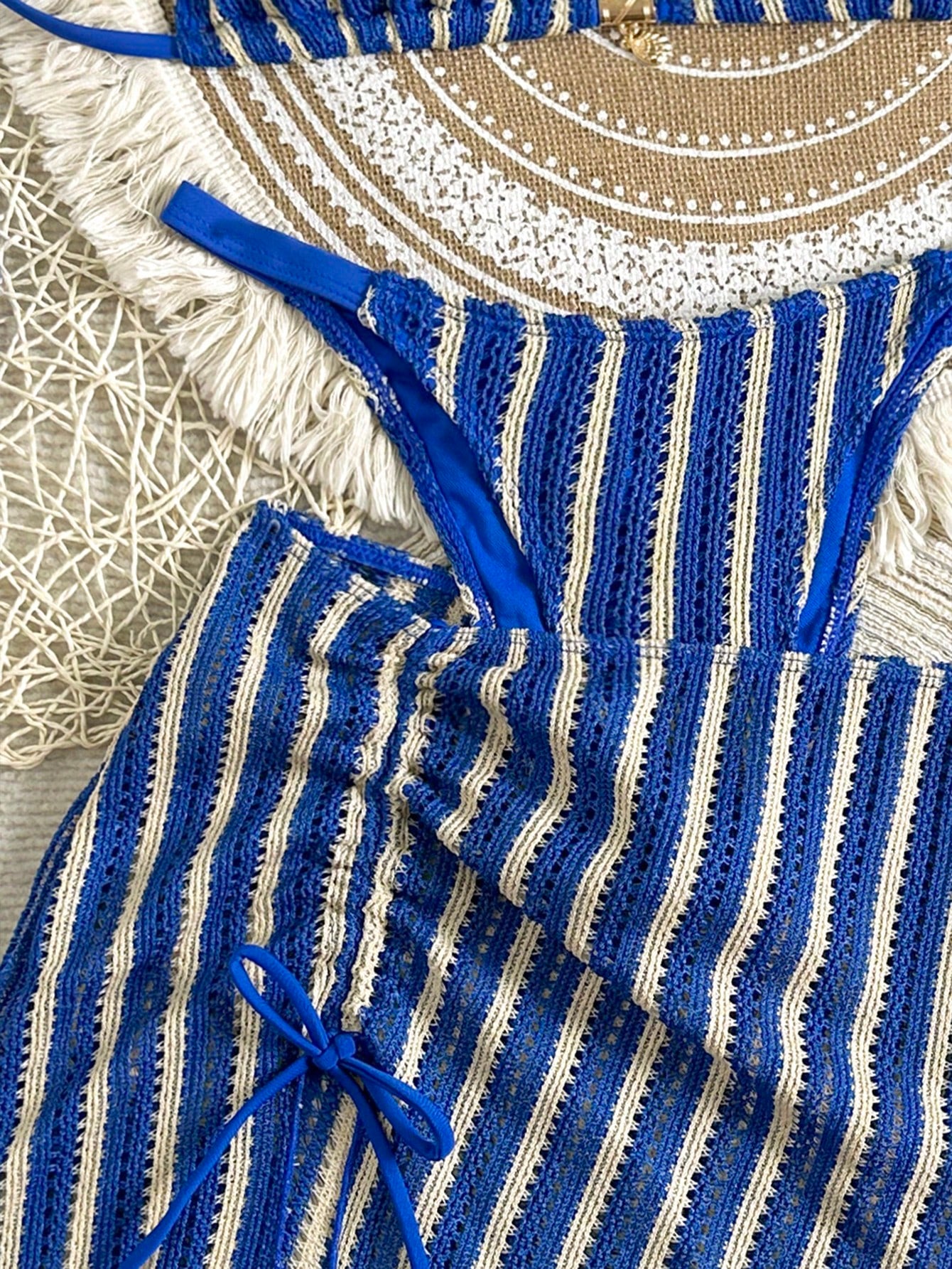 Swim SXY 3pcs Set:Blue Strip Summer Casual Beach Holiday Vacation Knit Jacquard Halter Neck Tie Metallic Pendant Bikini Top & Mini Skirt Cover Up
