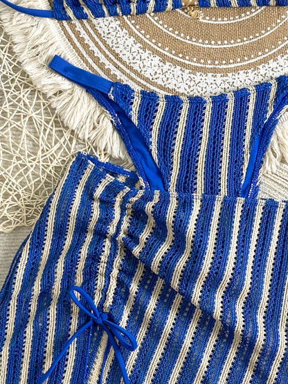Swim SXY 3pcs Set:Blue Strip Summer Casual Beach Holiday Vacation Knit Jacquard Halter Neck Tie Metallic Pendant Bikini Top & Mini Skirt Cover Up