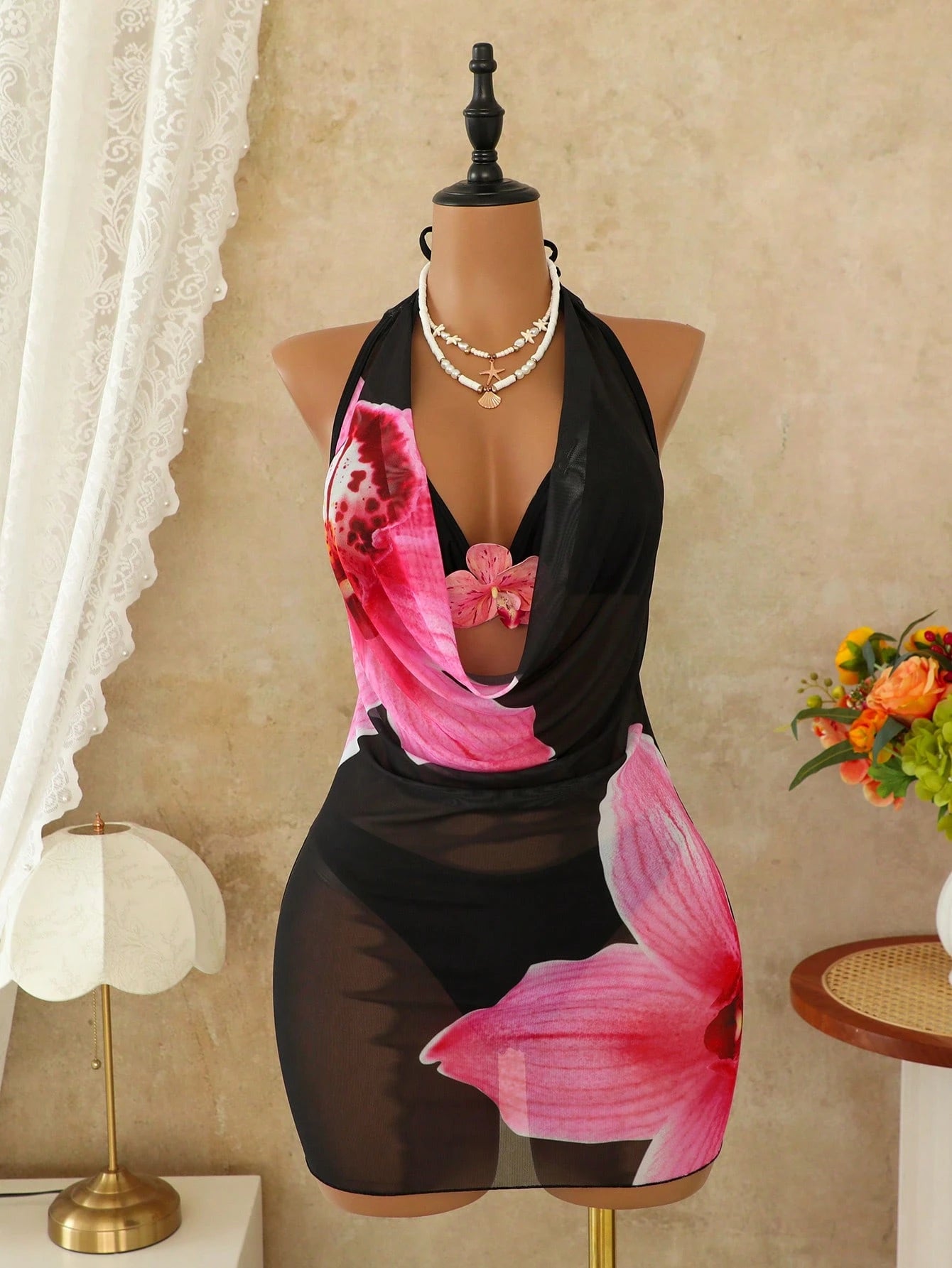 Swim SXY 3pcs Women's Summer Beach Swimwear Set,Pink Orchid Floral Print Draped Neck Mesh Cover Up,Bikini Bottom, Black Casual Holiday Vacation Holiday