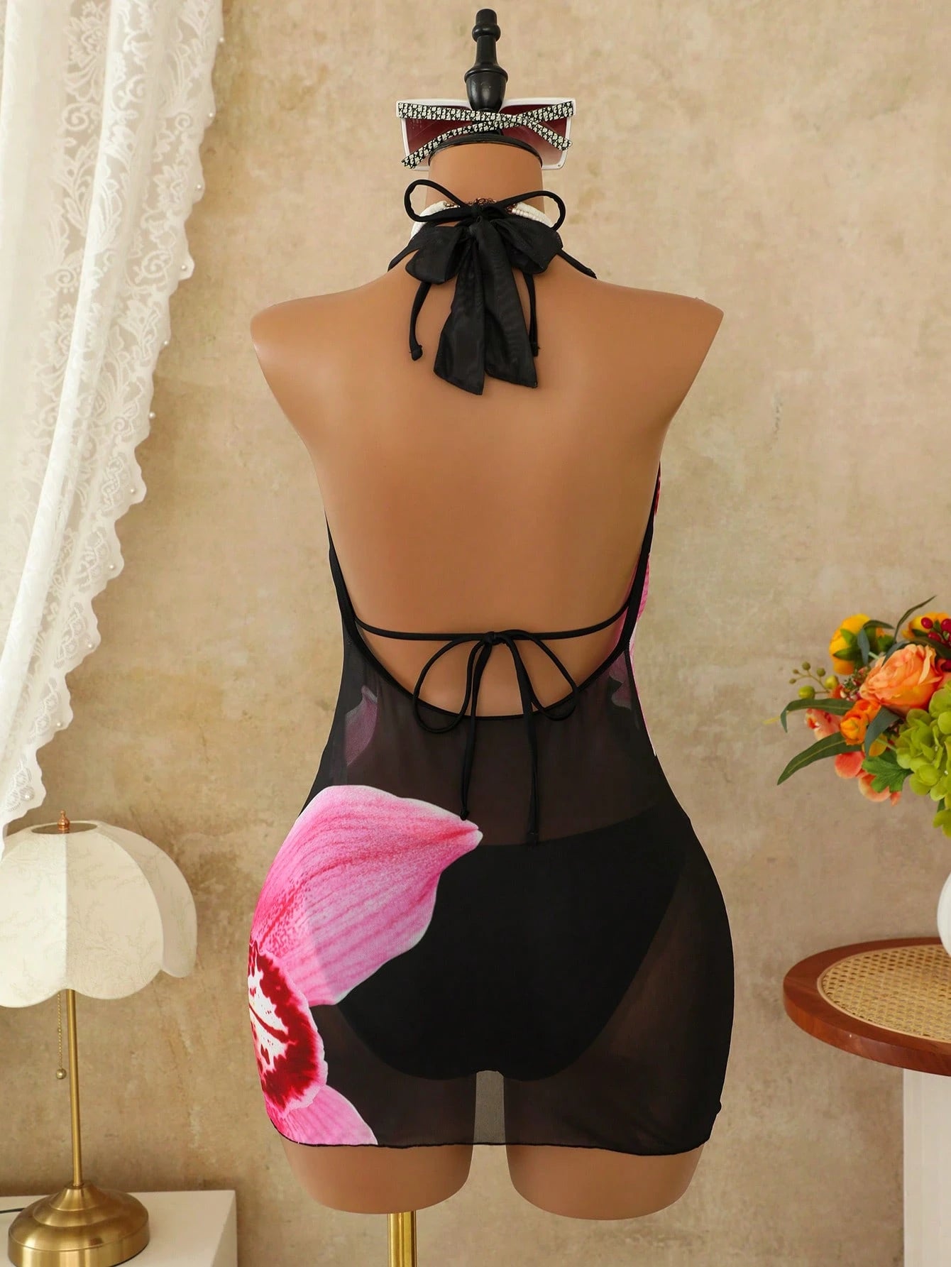 Swim SXY 3pcs Women's Summer Beach Swimwear Set,Pink Orchid Floral Print Draped Neck Mesh Cover Up,Bikini Bottom, Black Casual Holiday Vacation Holiday