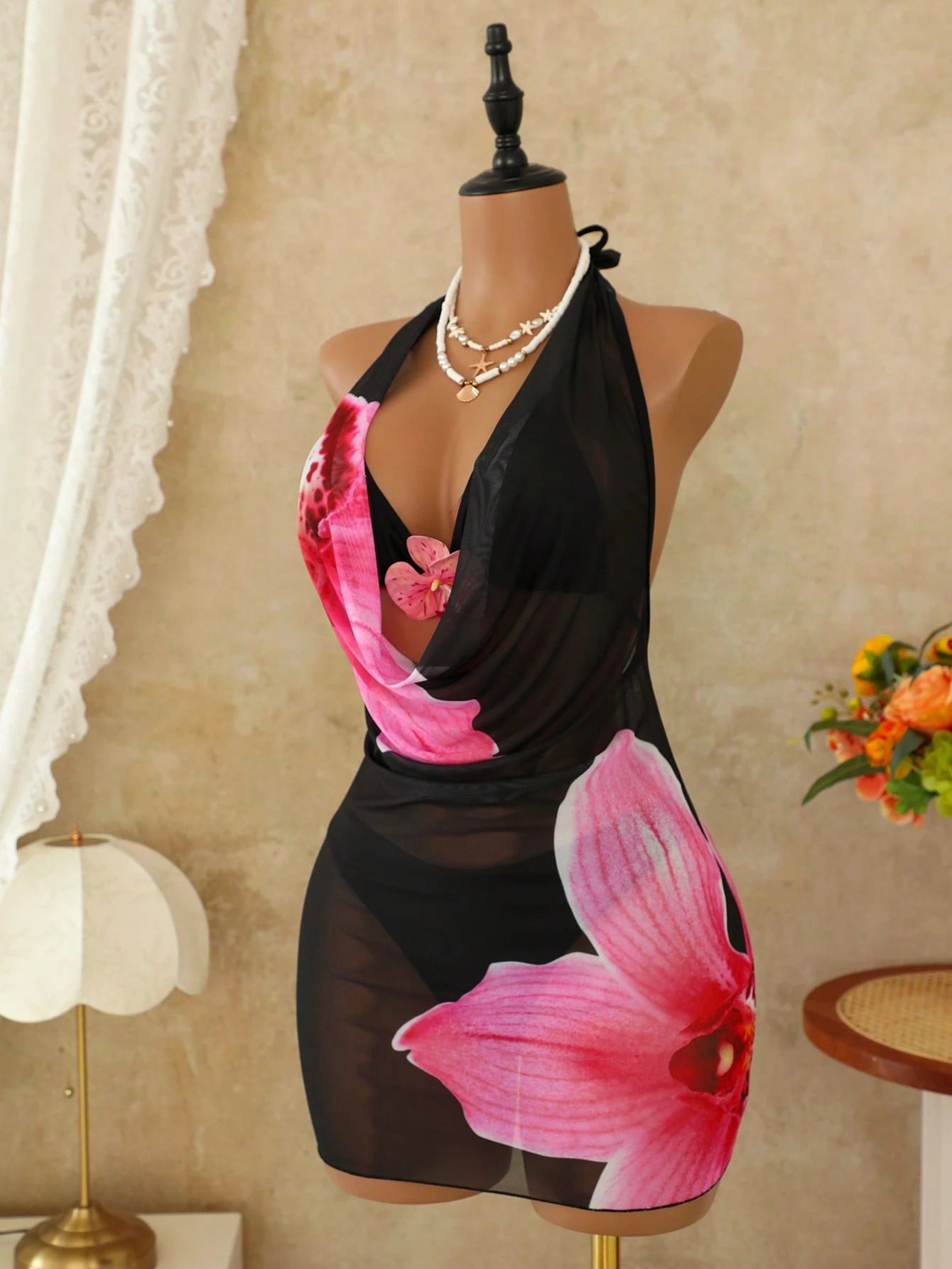 Swim SXY 3pcs Women's Summer Beach Swimwear Set,Pink Orchid Floral Print Draped Neck Mesh Cover Up,Bikini Bottom, Black Casual Holiday Vacation Holiday