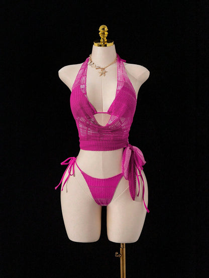 Swim SXY 4pcs Women's New Sexy Bikini Set: Spaghetti Strap Backless Top, Shirt With Side Tie, Side Tie Swim Shorts, Side Tie Mini Skirt, Summer Swimwear