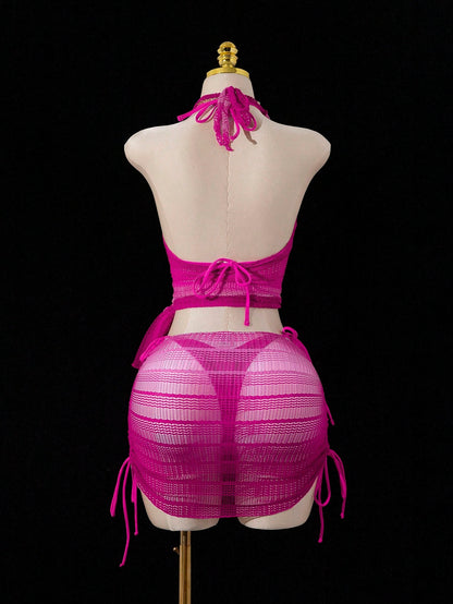 Swim SXY 4pcs Women's New Sexy Bikini Set: Spaghetti Strap Backless Top, Shirt With Side Tie, Side Tie Swim Shorts, Side Tie Mini Skirt, Summer Swimwear