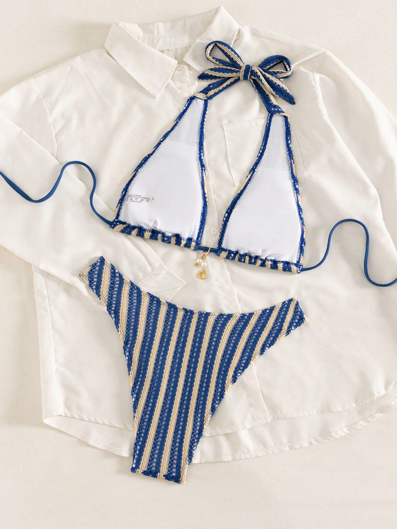 Swim SXY Blue And White Vertical Striped Halter Triangle Bikini Set, Halter Tie Design To Flatter Shoulder And Neckline, Triangle Cup Style Friendly For Small Busts With Natural Push-Up Effect, High-C