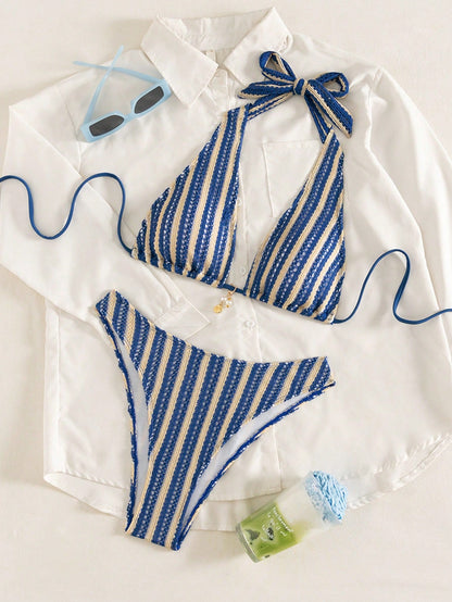 Swim SXY Blue And White Vertical Striped Halter Triangle Bikini Set, Halter Tie Design To Flatter Shoulder And Neckline, Triangle Cup Style Friendly For Small Busts With Natural Push-Up Effect, High-C