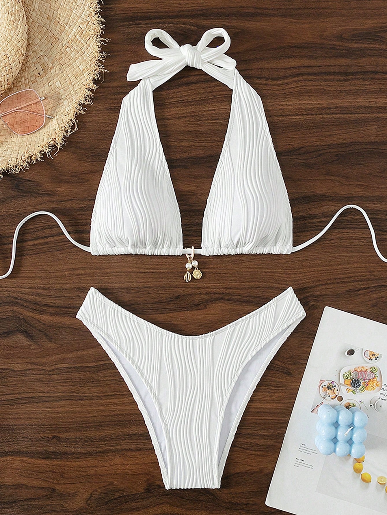 Swim SXY Blue And White Vertical Striped Halter Triangle Bikini Set, Halter Tie Design To Flatter Shoulder And Neckline, Triangle Cup Style Friendly For Small Busts With Natural Push-Up Effect, High-C