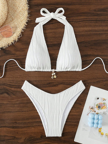 Swim SXY Blue And White Vertical Striped Halter Triangle Bikini Set, Halter Tie Design To Flatter Shoulder And Neckline, Triangle Cup Style Friendly For Small Busts With Natural Push-Up Effect, High-C