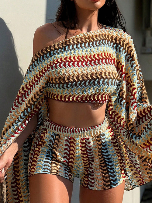 Swim SXY Colorful Knit Loose Off-Shoulder Sexy Long Sleeve Outerwear & Shorts Beach Bikini Set, Women Summer Swimwear
