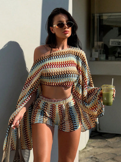 Swim SXY Colorful Knit Loose Off-Shoulder Sexy Long Sleeve Outerwear & Shorts Beach Bikini Set, Women Summer Swimwear