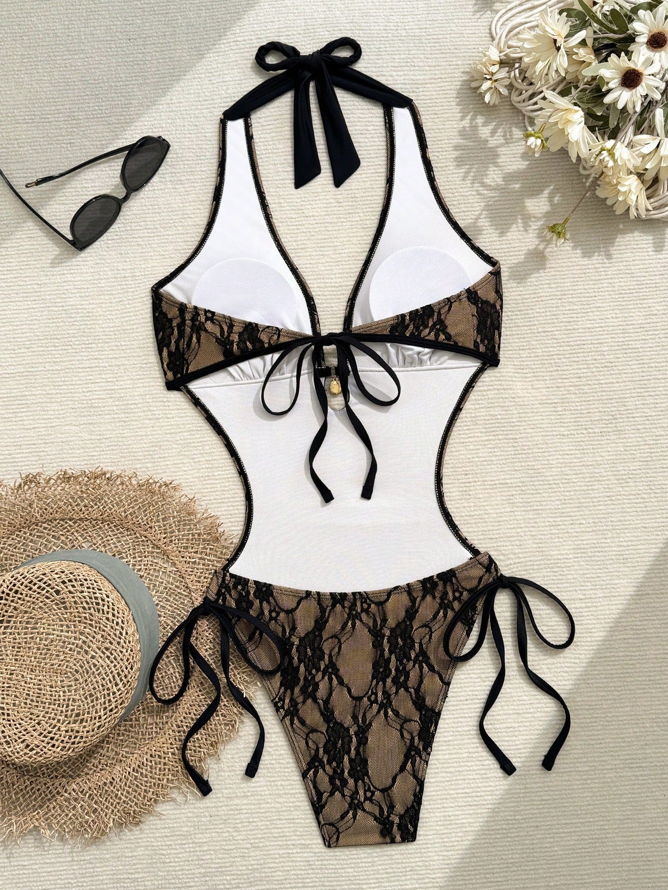Swim SXY French Lace Halter One-Piece Swimsuit, Sexy Deep V Backless Tie-Up Design, Sensual Resort Bikini