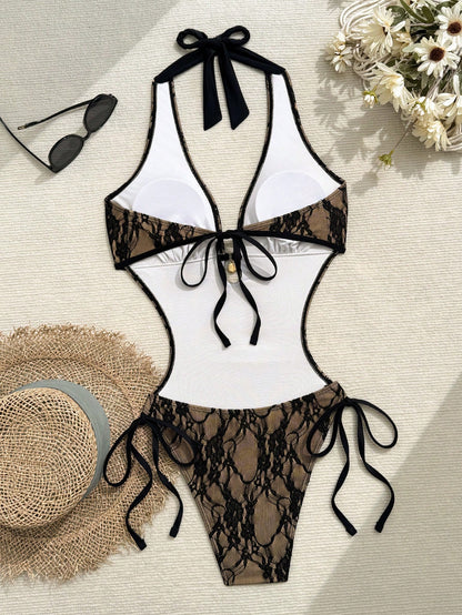 Swim SXY French Lace Halter One-Piece Swimsuit, Sexy Deep V Backless Tie-Up Design, Sensual Resort Bikini