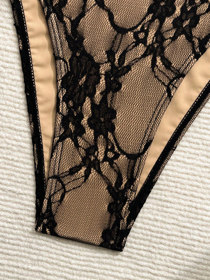 Swim SXY French Lace Halter One-Piece Swimsuit, Sexy Deep V Backless Tie-Up Design, Sensual Resort Bikini