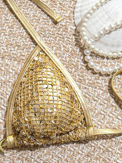 Swim SXY Gold Sequin Star Bikini Set Women's 3 Pieces Swimwear,70s Retro Summer Beach Holiday Party Halter Tie Back Top And Tie Side Bottoms Bathing Suits
