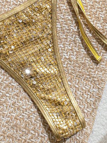 Swim SXY Gold Sequin Star Bikini Set Women's 3 Pieces Swimwear,70s Retro Summer Beach Holiday Party Halter Tie Back Top And Tie Side Bottoms Bathing Suits