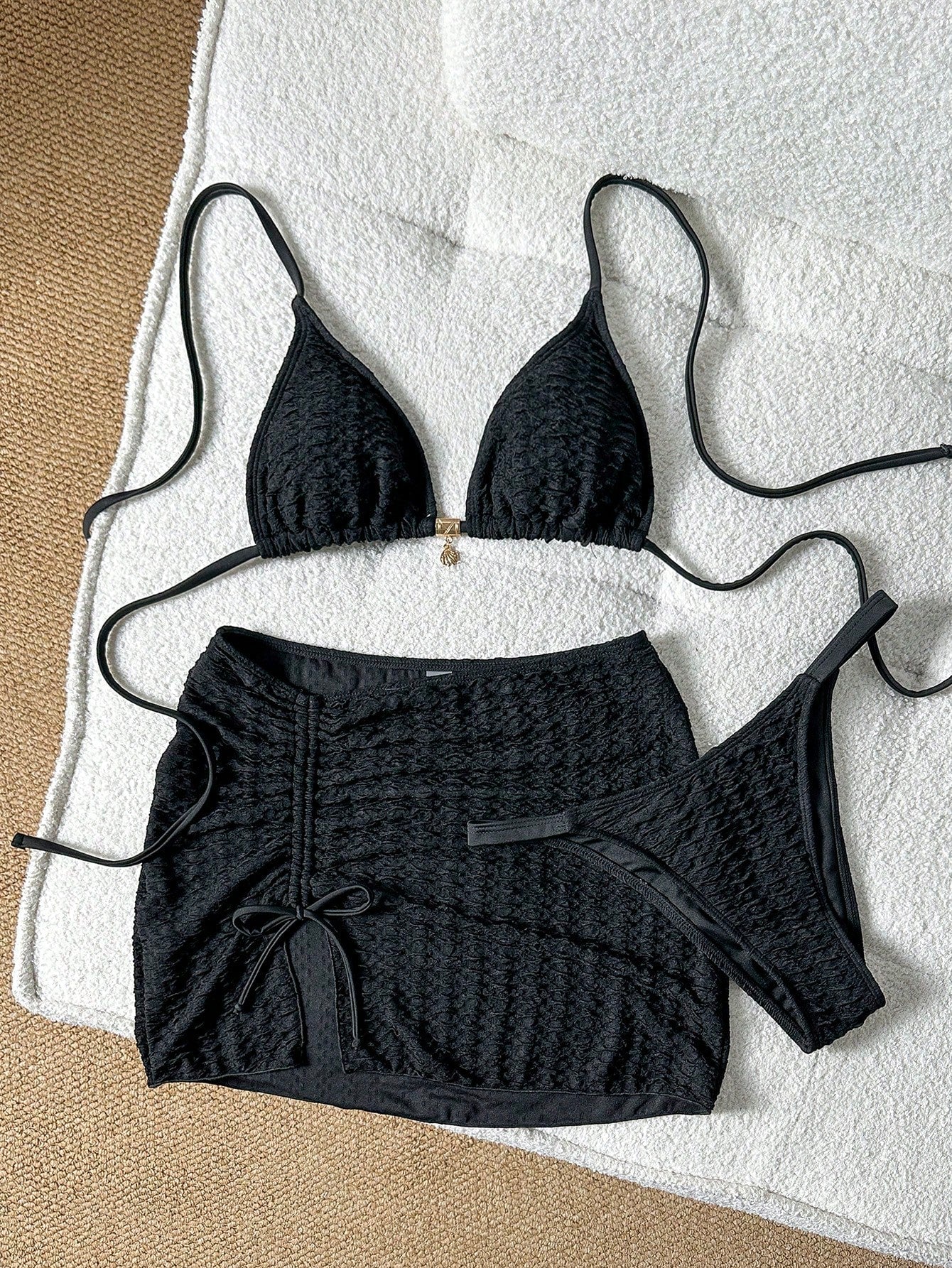 Swim SXY Knitted Jacquard Fabric Halter Tie Metal Pendant Bikini & Mini Skirt 3 Pieces Set