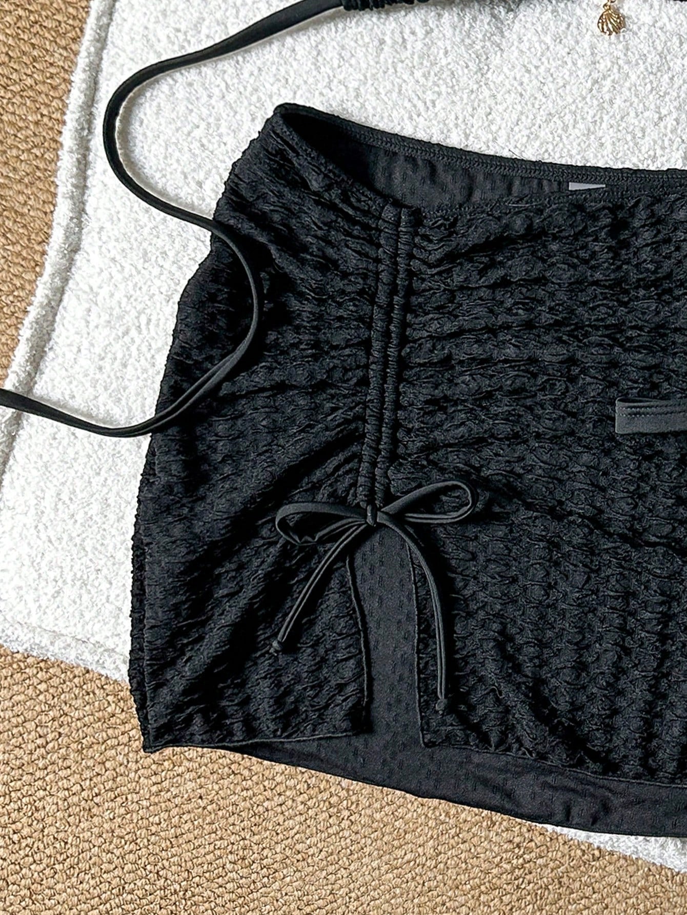 Swim SXY Knitted Jacquard Fabric Halter Tie Metal Pendant Bikini & Mini Skirt 3 Pieces Set