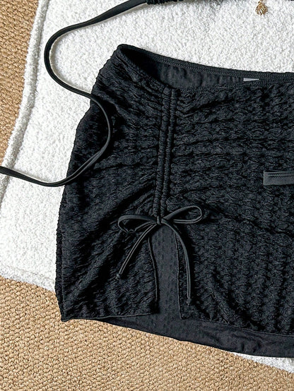 Swim SXY Knitted Jacquard Fabric Halter Tie Metal Pendant Bikini & Mini Skirt 3 Pieces Set