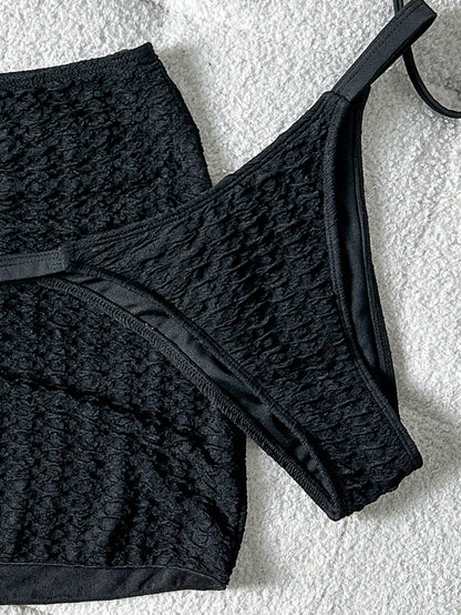 Swim SXY Knitted Jacquard Fabric Halter Tie Metal Pendant Bikini & Mini Skirt 3 Pieces Set