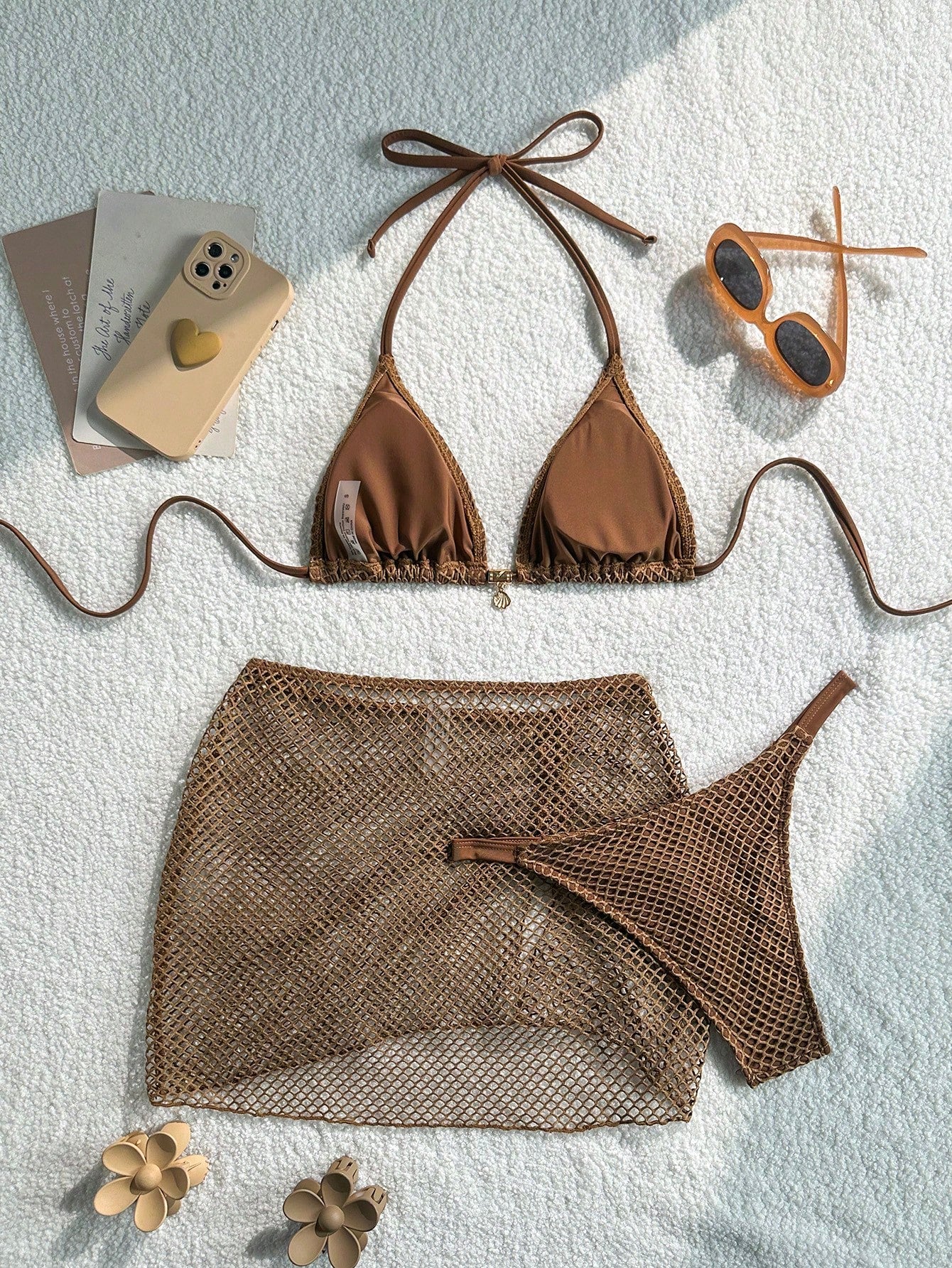 Swim SXY Knitted Jacquard Fabric Halter Tie Metal Pendant Bikini Top & Mini Skirt 3 Pieces Set