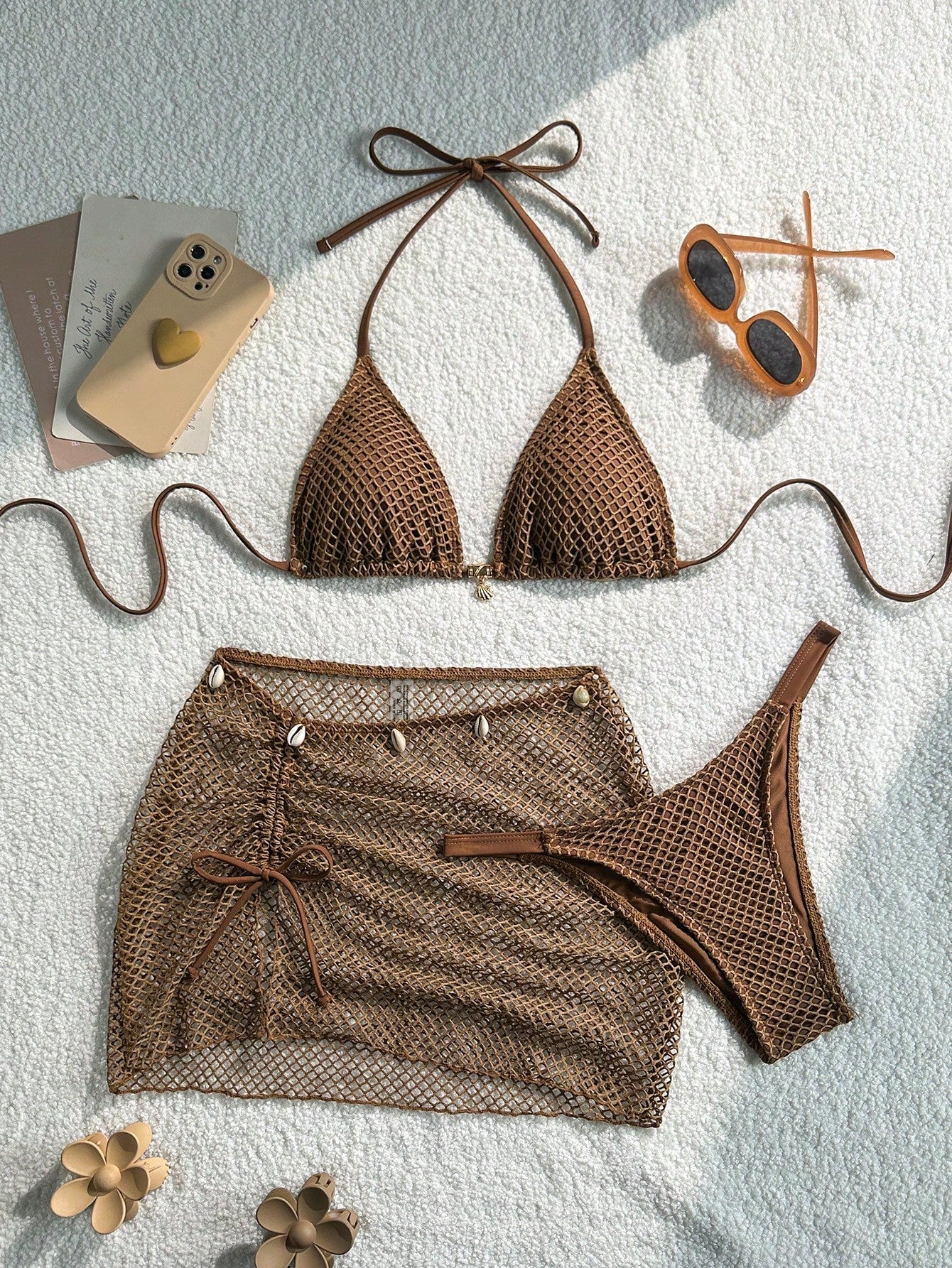Swim SXY Knitted Jacquard Fabric Halter Tie Metal Pendant Bikini Top & Mini Skirt 3 Pieces Set