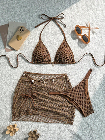 Swim SXY Knitted Jacquard Fabric Halter Tie Metal Pendant Bikini Top & Mini Skirt 3 Pieces Set
