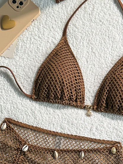 Swim SXY Knitted Jacquard Fabric Halter Tie Metal Pendant Bikini Top & Mini Skirt 3 Pieces Set