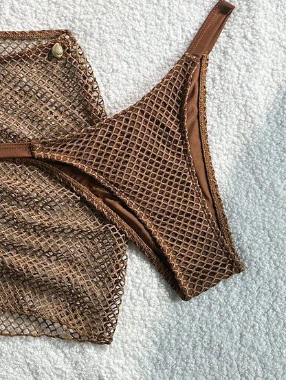 Swim SXY Knitted Jacquard Fabric Halter Tie Metal Pendant Bikini Top & Mini Skirt 3 Pieces Set