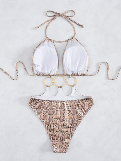 Swim SXY New European & American Women Snake Skin Pattern Special Material Ring Shoulder Strap Sexy One-Piece Swimsuit For Summer Beach Vacation