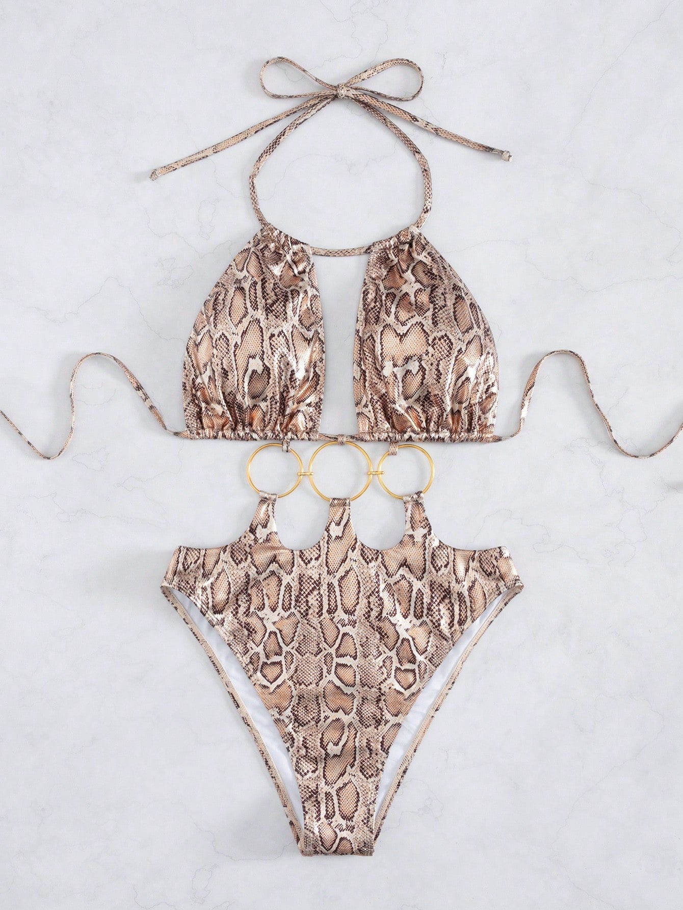 Swim SXY New European & American Women Snake Skin Pattern Special Material Ring Shoulder Strap Sexy One-Piece Swimsuit For Summer Beach Vacation