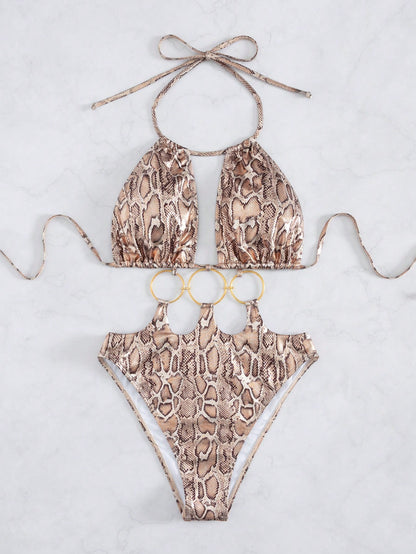 Swim SXY New European & American Women Snake Skin Pattern Special Material Ring Shoulder Strap Sexy One-Piece Swimsuit For Summer Beach Vacation