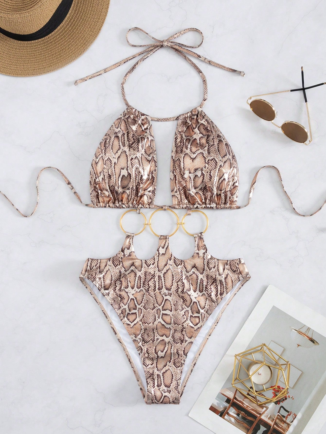 Swim SXY New European & American Women Snake Skin Pattern Special Material Ring Shoulder Strap Sexy One-Piece Swimsuit For Summer Beach Vacation