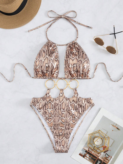 Swim SXY New European & American Women Snake Skin Pattern Special Material Ring Shoulder Strap Sexy One-Piece Swimsuit For Summer Beach Vacation