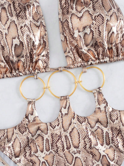 Swim SXY New European & American Women Snake Skin Pattern Special Material Ring Shoulder Strap Sexy One-Piece Swimsuit For Summer Beach Vacation