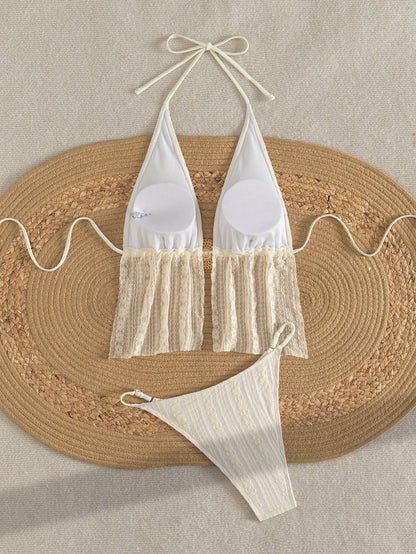 Swim SXY Plain Textured Halter Bikini Set With Metal Disc Decor