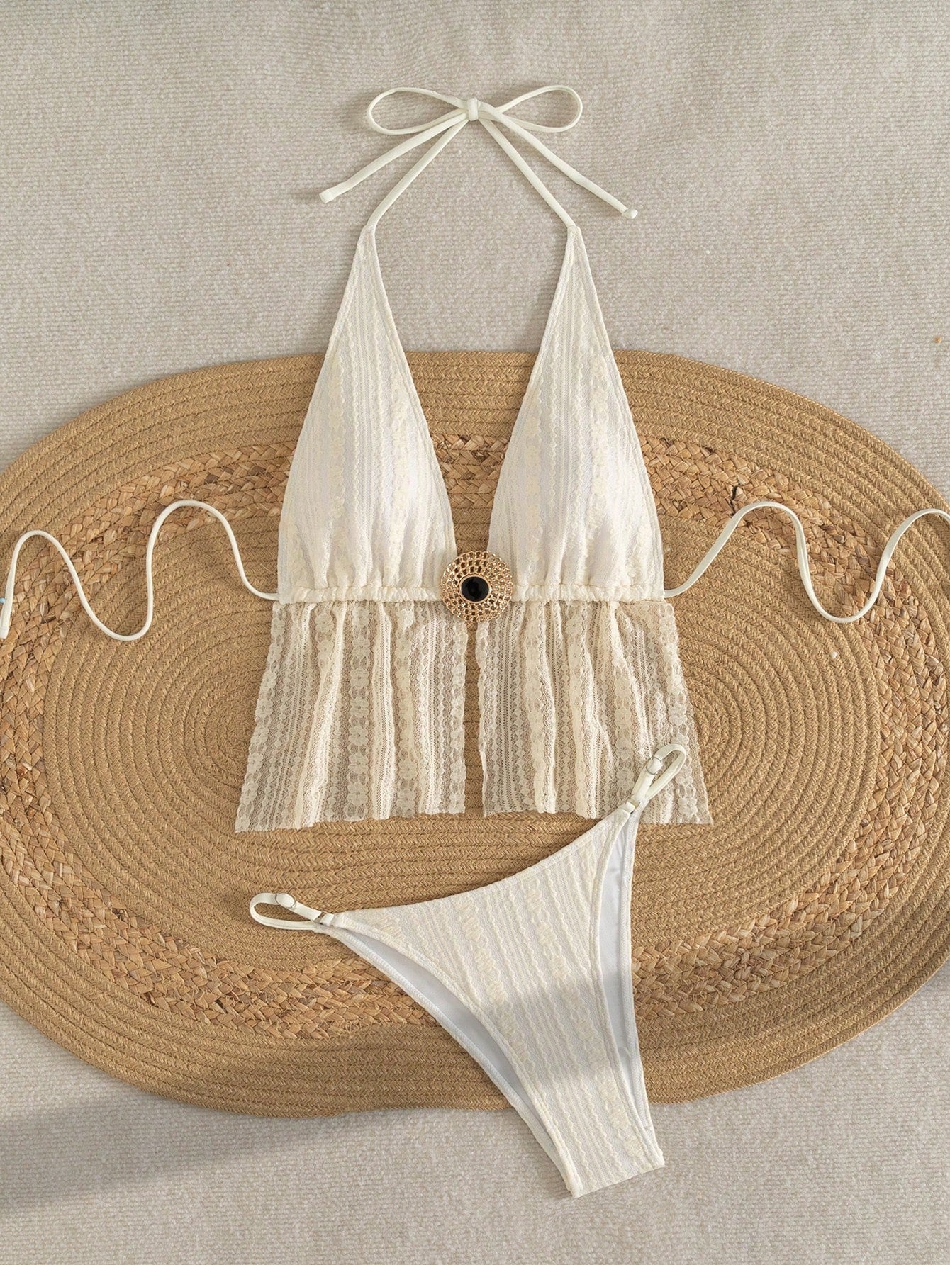 Swim SXY Plain Textured Halter Bikini Set With Metal Disc Decor