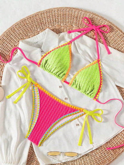 Swim SXY Springbreak Women Beachwear Summer Bikini Set, Colorblock Crisscross Strap Top And Side Tie Bottoms, Sexy 2 Pieces Swimsuit Outfit, Festival Boho