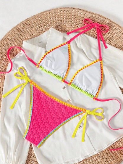 Swim SXY Springbreak Women Beachwear Summer Bikini Set, Colorblock Crisscross Strap Top And Side Tie Bottoms, Sexy 2 Pieces Swimsuit Outfit, Festival Boho