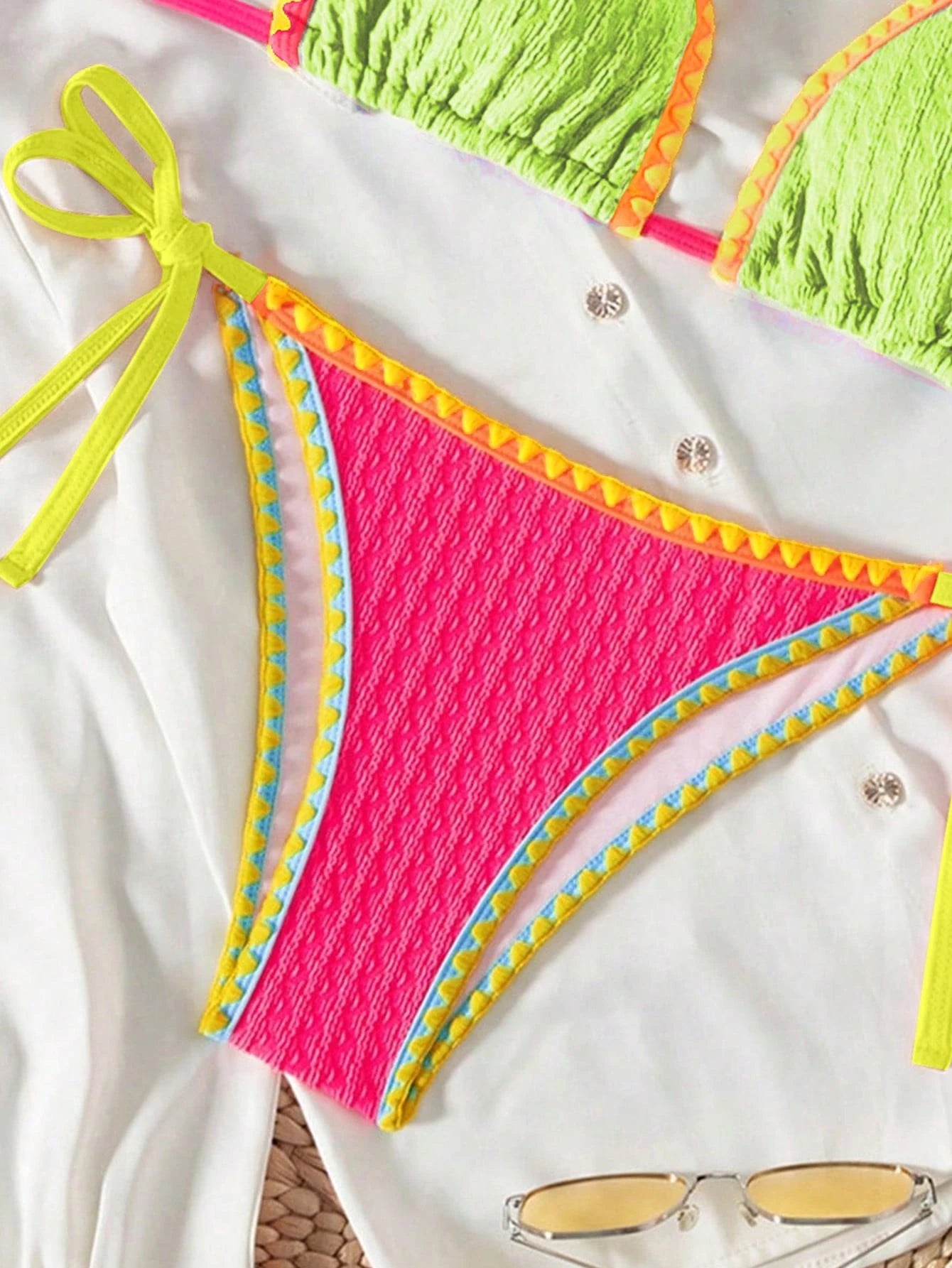 Swim SXY Springbreak Women Beachwear Summer Bikini Set, Colorblock Crisscross Strap Top And Side Tie Bottoms, Sexy 2 Pieces Swimsuit Outfit, Festival Boho