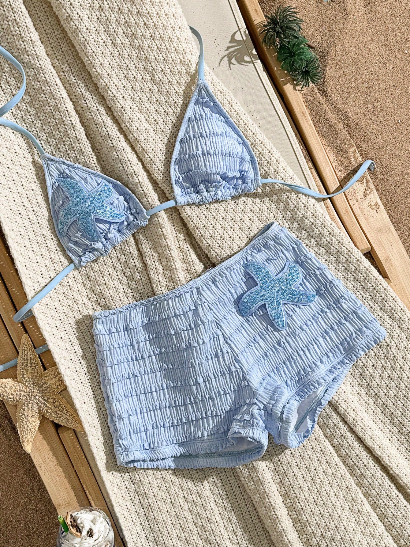 Swim SXY Summer New Multicolor Blue Textured Fabric Ocean Starfish Accessory Supplies Straight Leg Pants Halter Tie Beach Vacation Women 2 Pieces Swimwear Set