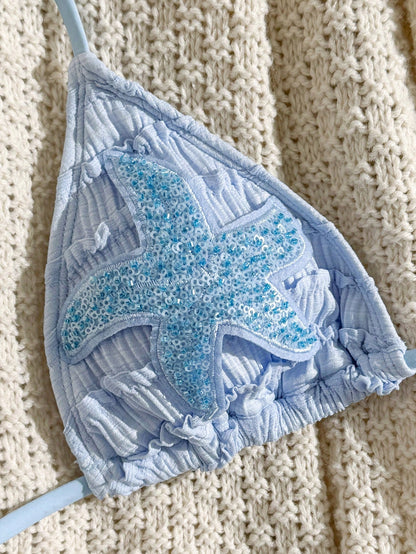Swim SXY Summer New Multicolor Blue Textured Fabric Ocean Starfish Accessory Supplies Straight Leg Pants Halter Tie Beach Vacation Women 2 Pieces Swimwear Set