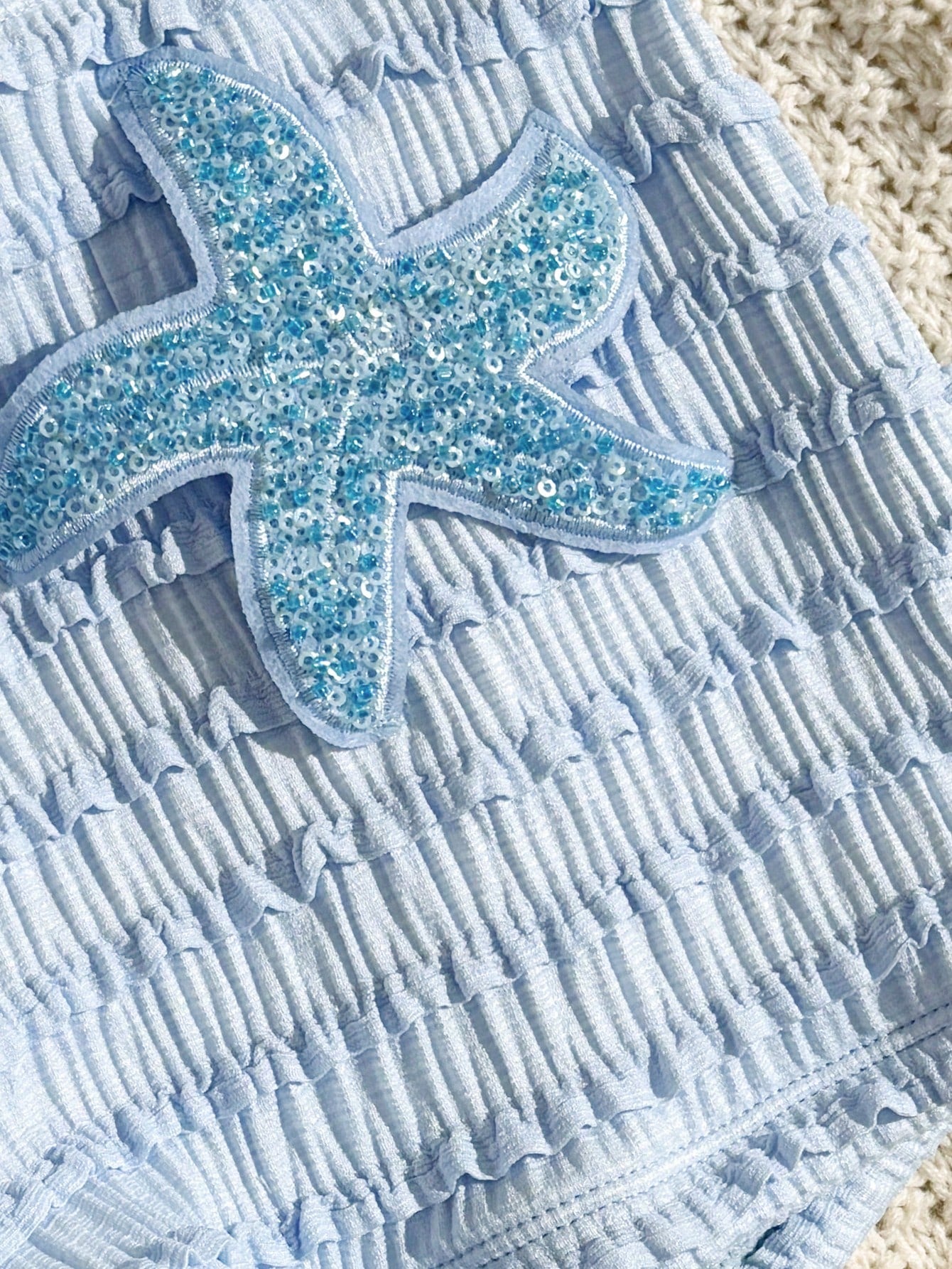 Swim SXY Summer New Multicolor Blue Textured Fabric Ocean Starfish Accessory Supplies Straight Leg Pants Halter Tie Beach Vacation Women 2 Pieces Swimwear Set