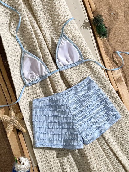 Swim SXY Summer New Multicolor Blue Textured Fabric Ocean Starfish Accessory Supplies Straight Leg Pants Halter Tie Beach Vacation Women 2 Pieces Swimwear Set