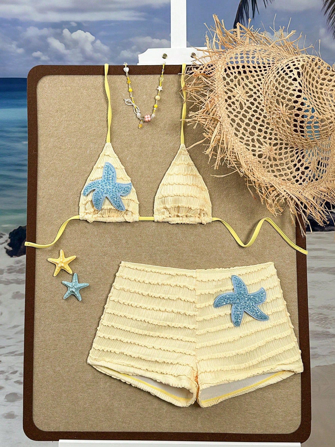 Swim SXY Summer New Multicolor Blue Textured Fabric Ocean Starfish Accessory Supplies Straight Leg Pants Halter Tie Beach Vacation Women 2 Pieces Swimwear Set