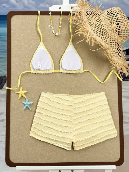Swim SXY Summer New Multicolor Blue Textured Fabric Ocean Starfish Accessory Supplies Straight Leg Pants Halter Tie Beach Vacation Women 2 Pieces Swimwear Set