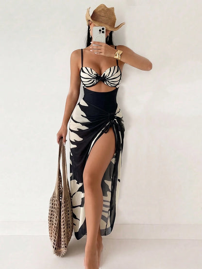 Swim SXY Summer New Women's 2 Pieces Beach Set, One-Piece Top With Gradient Braided Rope Spaghetti Strap And Side Tie Beach Skirt, 3-Piece Bikini Set