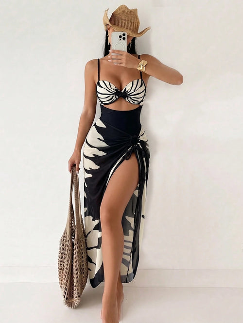 Swim SXY Summer New Women's 2 Pieces Beach Set, One-Piece Top With Gradient Braided Rope Spaghetti Strap And Side Tie Beach Skirt, 3-Piece Bikini Set